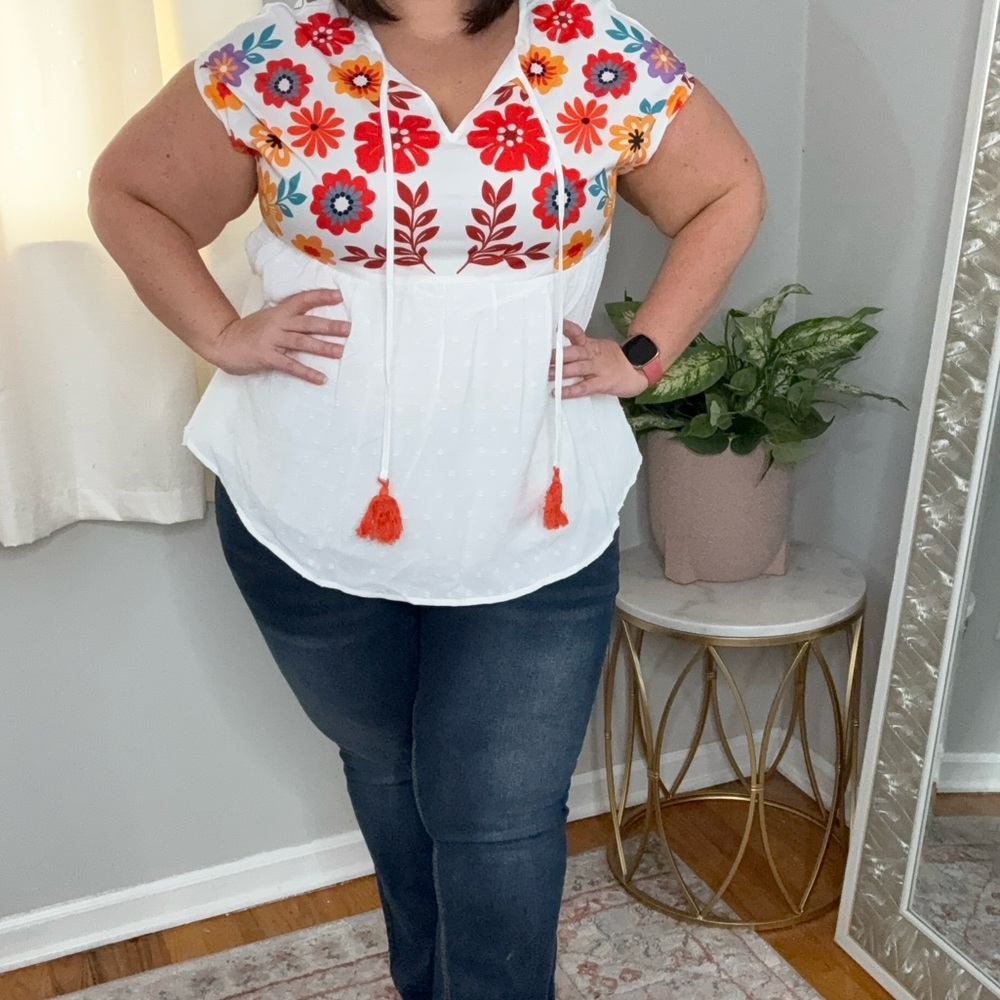 Floral Embroidered White Top
